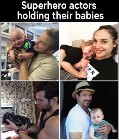 A four-panel collage shows actors known for superhero roles holding their babies. Top left: A man with a baby on his…