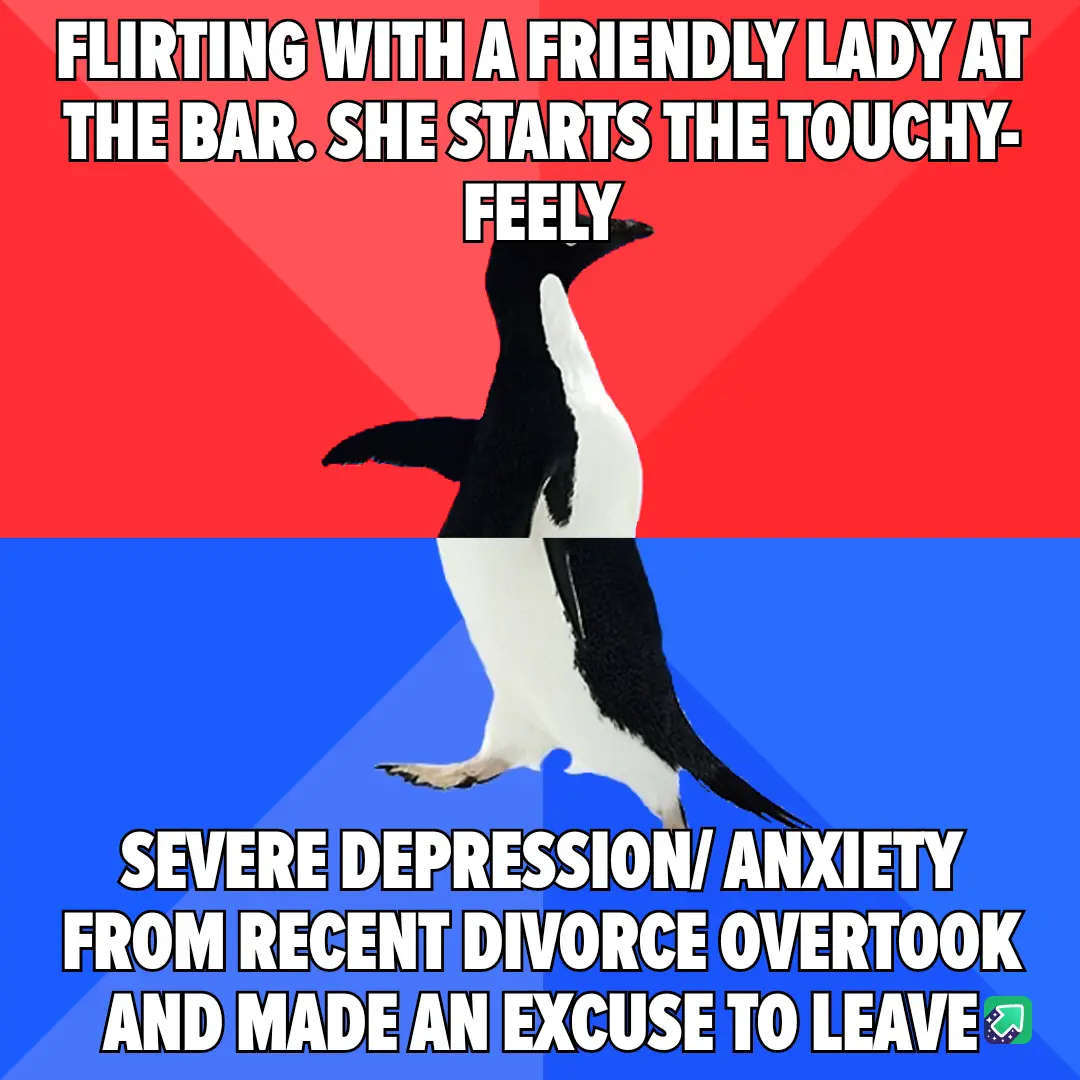 A penguin stands upright against a red and blue background, split horizontally. The top text reads 'FLIRTING WITH A FRIENDLY…