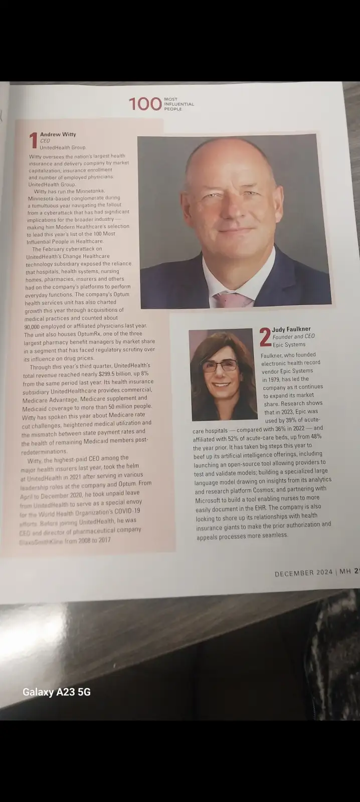 A magazine page from 'Modern Healthcare' lists Andrew Witty as #1 and Judy Faulkner as #2 on its '100 Most Influential…