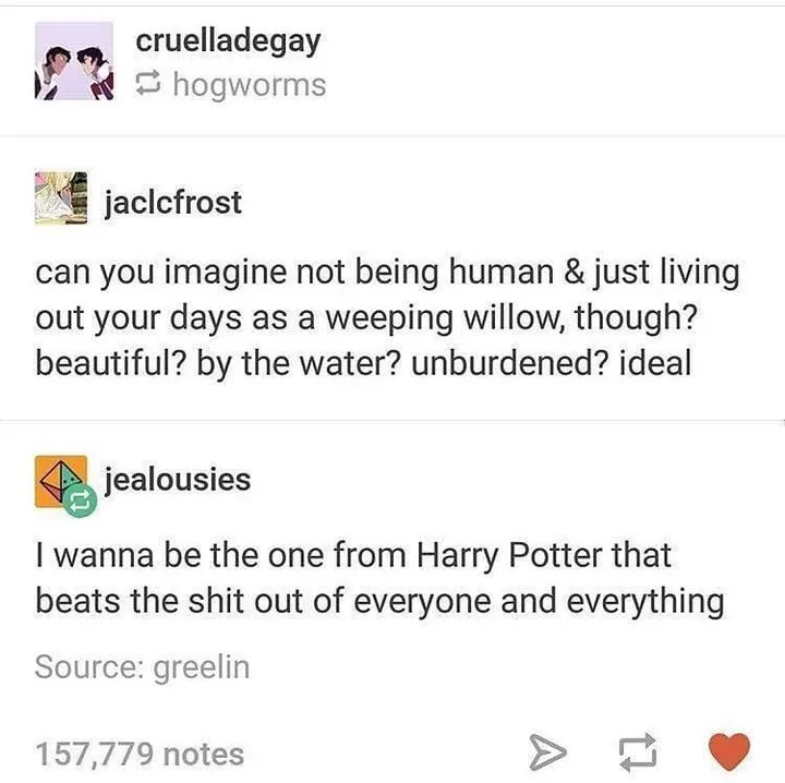 A screenshot of a Tumblr post showing a comment thread. The top comment asks if one can imagine living as a weeping willow…