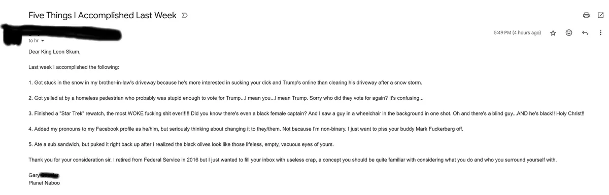 A screenshot of an email titled 'Five Things I Accomplished Last Week' addressed to 'King Leon Skum,' listing five…