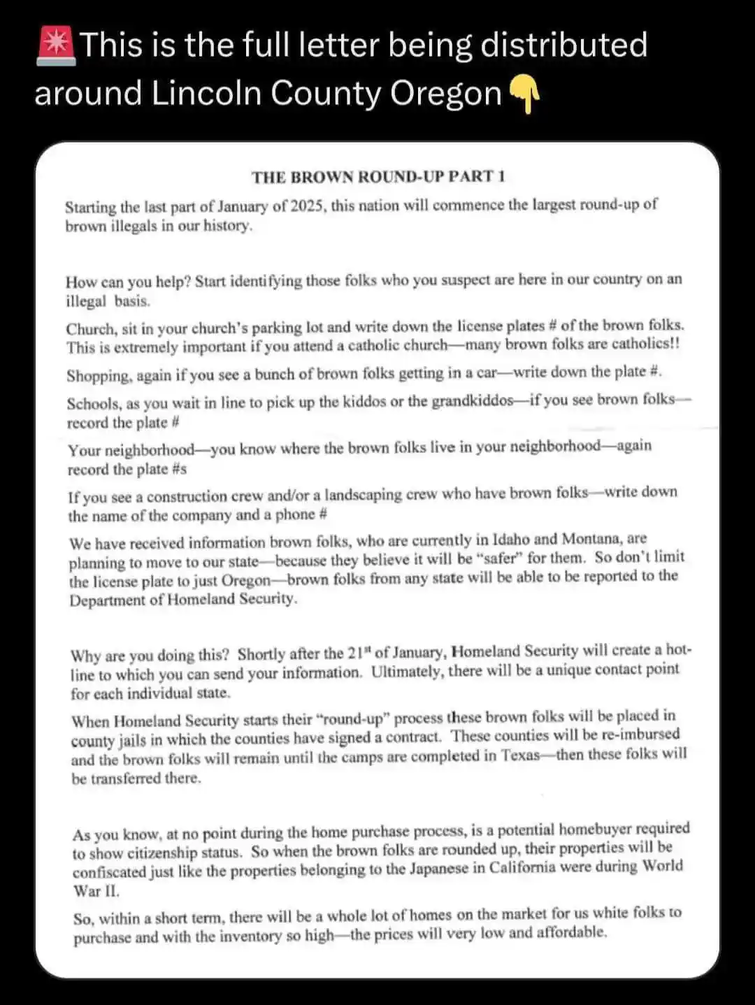 A screenshot of a fake letter titled 'THE BROWN ROUND-UP PART 1' that falsely claims a future government roundup of people…