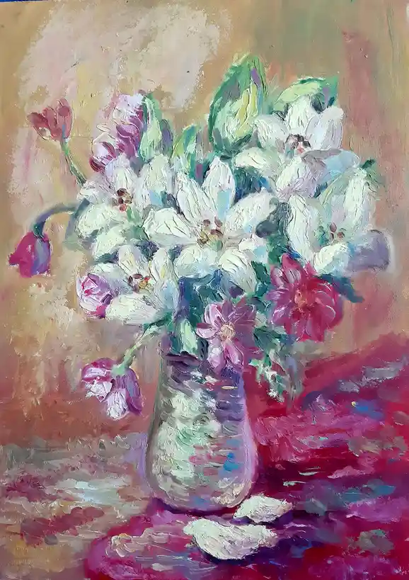 An impressionistic oil painting shows a vase overflowing with white, pink, and red flowers against a warm-toned background…