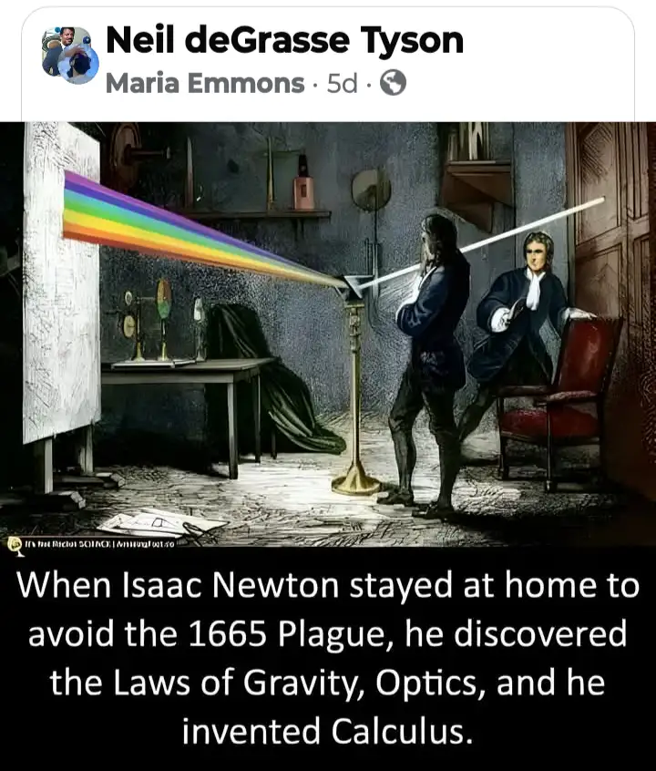 A historical illustration depicts Isaac Newton in a 17th-century laboratory setting, demonstrating optics by projecting a…