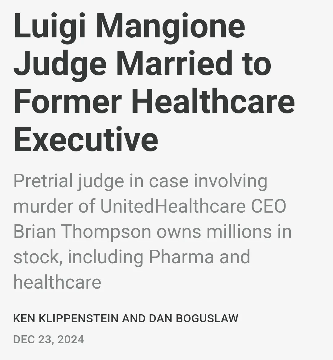 The image displays a mock news article with bold black text on a light gray background. The headline reads 'Luigi Mangione…