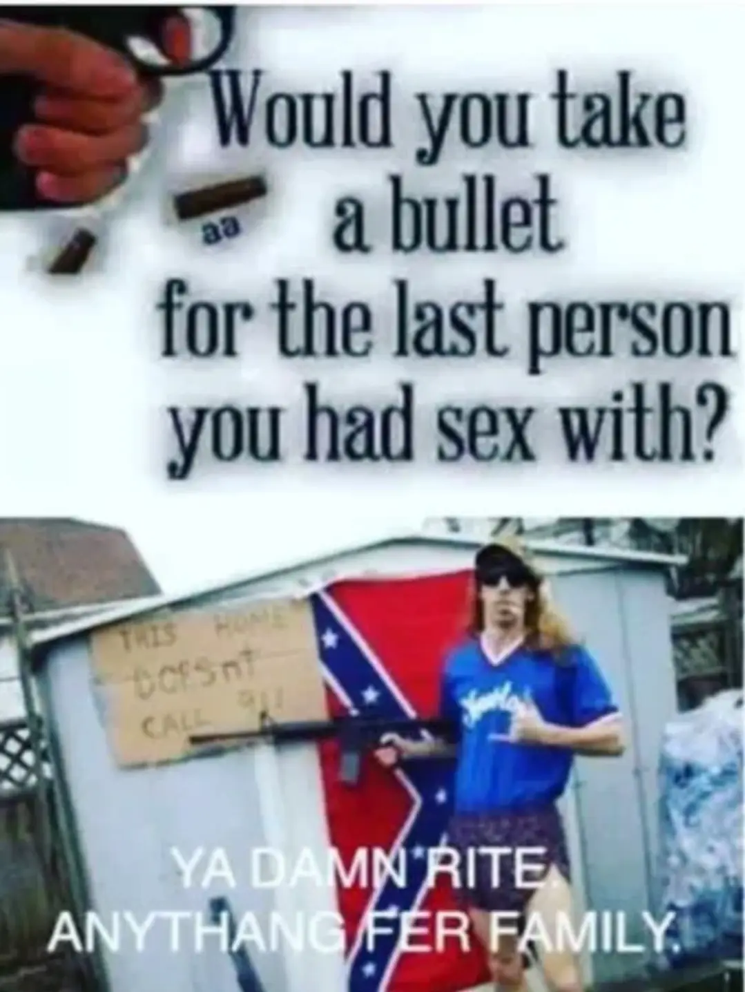 The image is split into two parts. The top shows a hand holding a gun with bullets, overlaid with the text 'Would you take a…