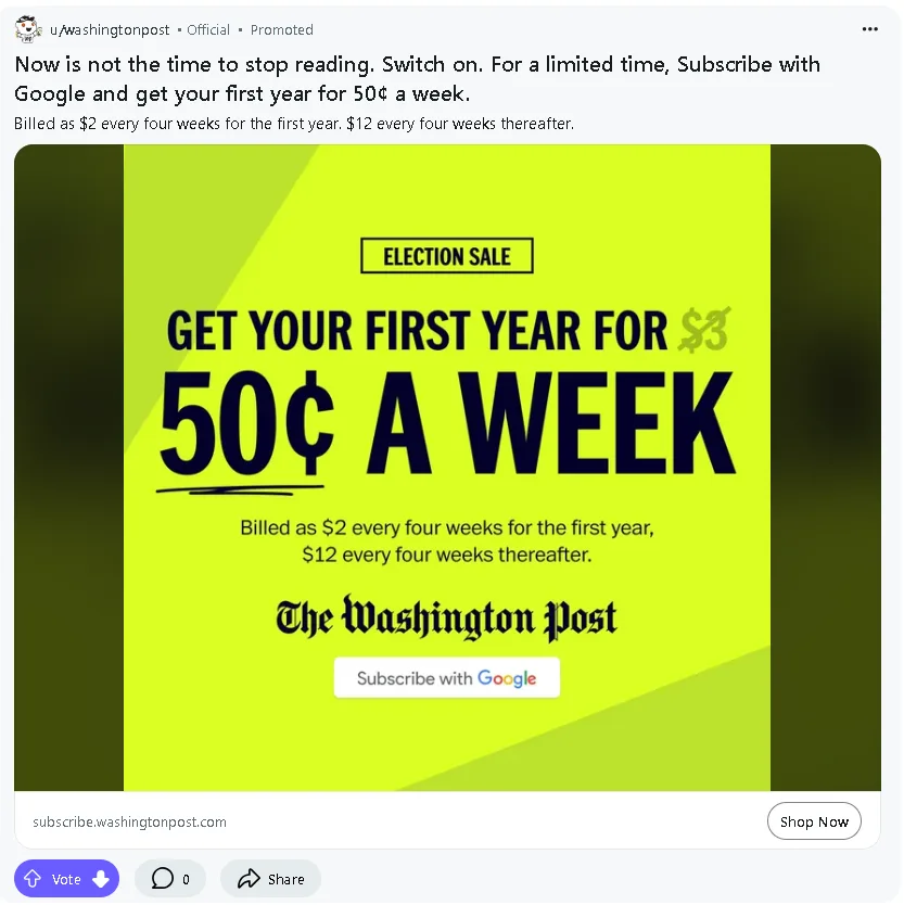 A bright yellow-green advertisement for The Washington Post promotes an 'ELECTION SALE' offering a first year subscription…