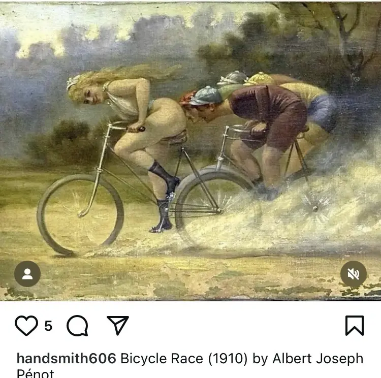 A vintage 1910 painting by Albert Joseph Pénot depicts a dramatic bicycle race with a woman in a revealing outfit and a man…