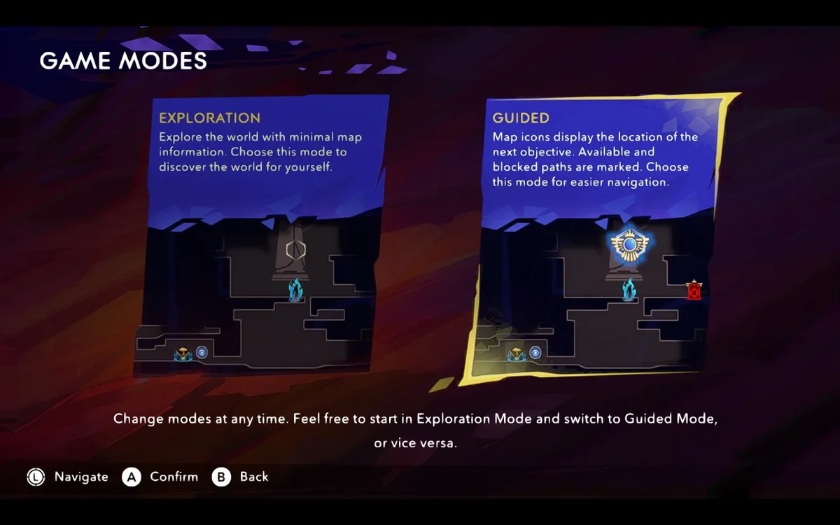 A video game menu screen titled 'GAME MODES' shows two options: 'EXPLORATION' with minimal map info and 'GUIDED' with clear…