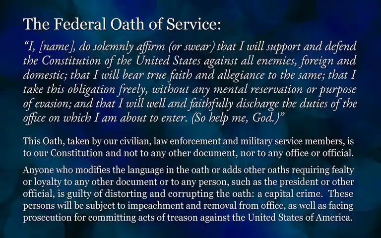 The image displays the full text of the U.S. Federal Oath of Service, presented in white serif font against a dark blue…