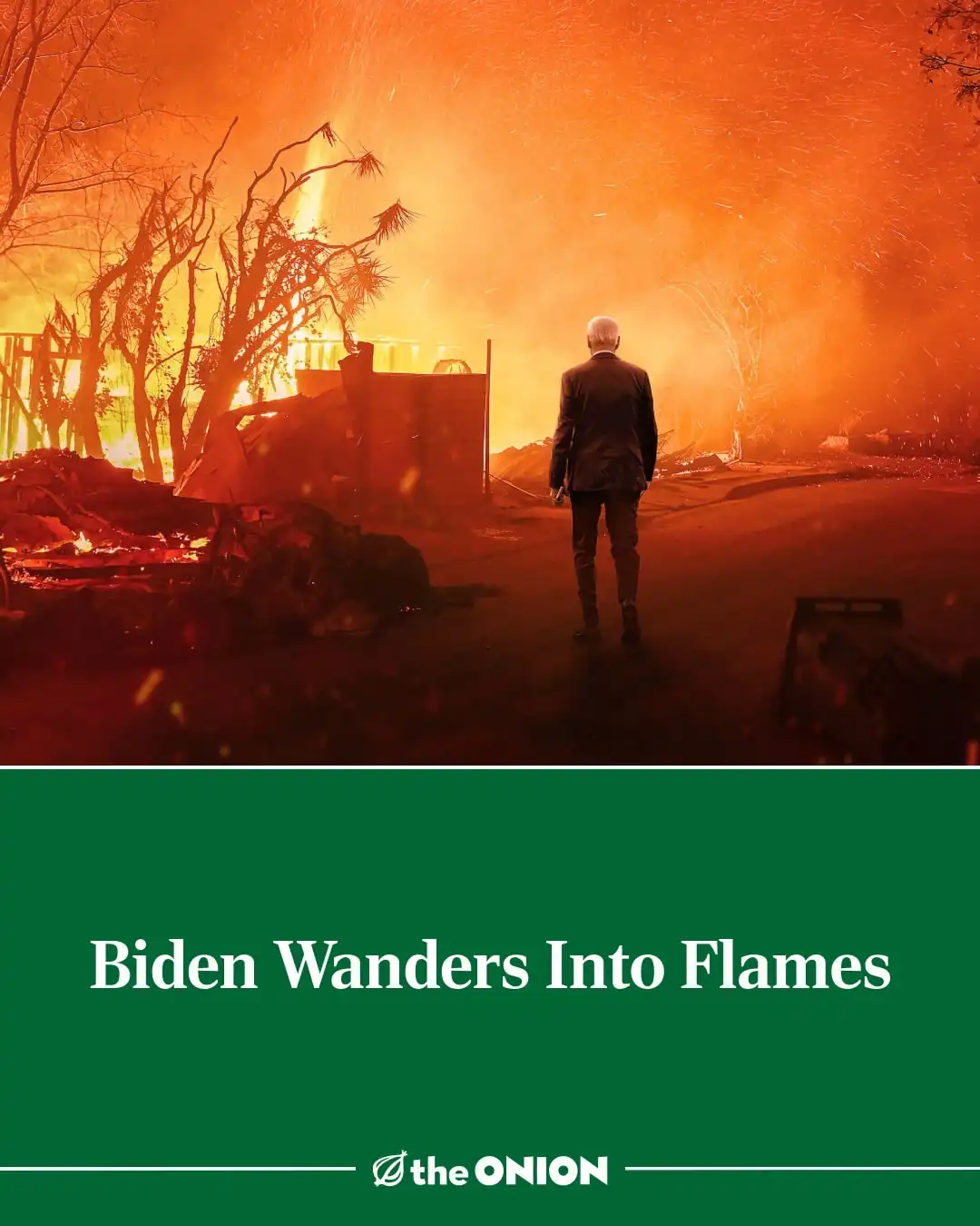A man in a dark suit walks away from the viewer toward a fiery, burning landscape with charred trees and debris under an…