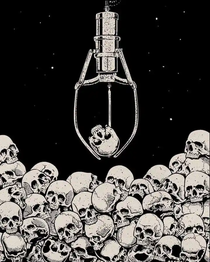 A black-and-white illustration shows a mechanical claw holding a single skull aloft above a vast pile of other skulls. The…