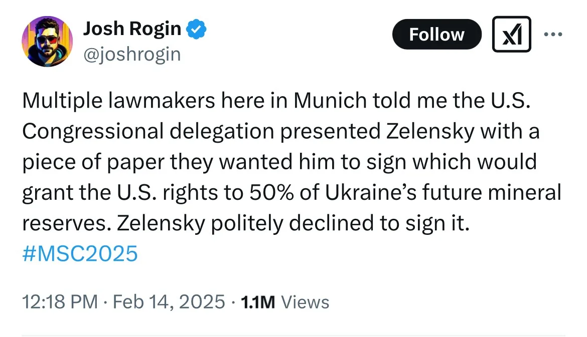 A screenshot of a tweet from verified user Josh Rogin (@joshrogin) dated February 14, 2025, showing a tweet that reads…