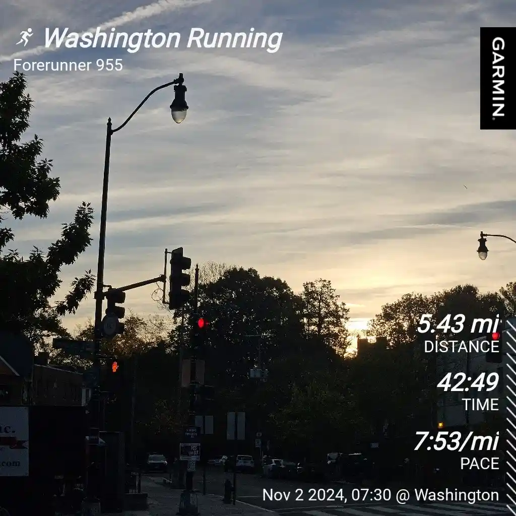 A screenshot of a Garmin Forerunner 955 running watch displaying a completed 5.43-mile run with a 42:49 time and 7:53/mi…
