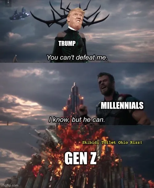 A three-panel meme featuring Donald Trump with antlers in a Thor-like pose saying 'You can't defeat me.' The middle panel…