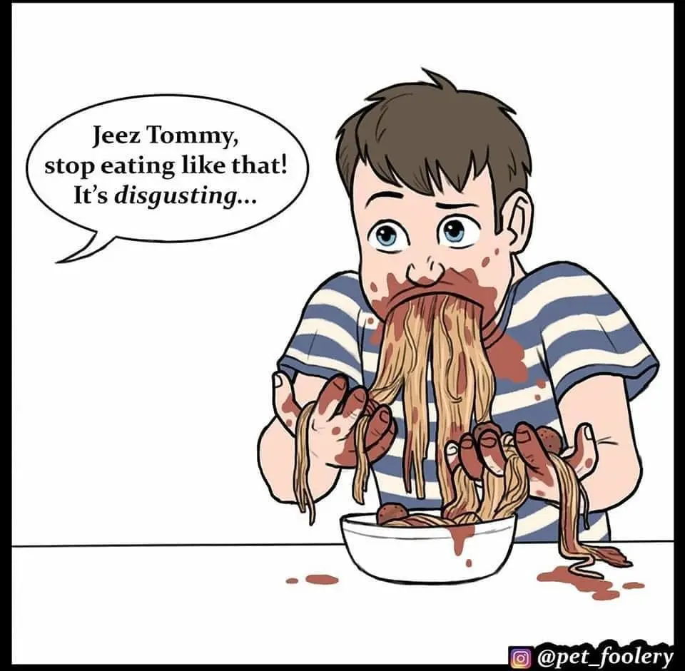 A cartoon boy with brown hair and blue eyes, wearing a blue and white striped shirt, is eating spaghetti messily with sauce…