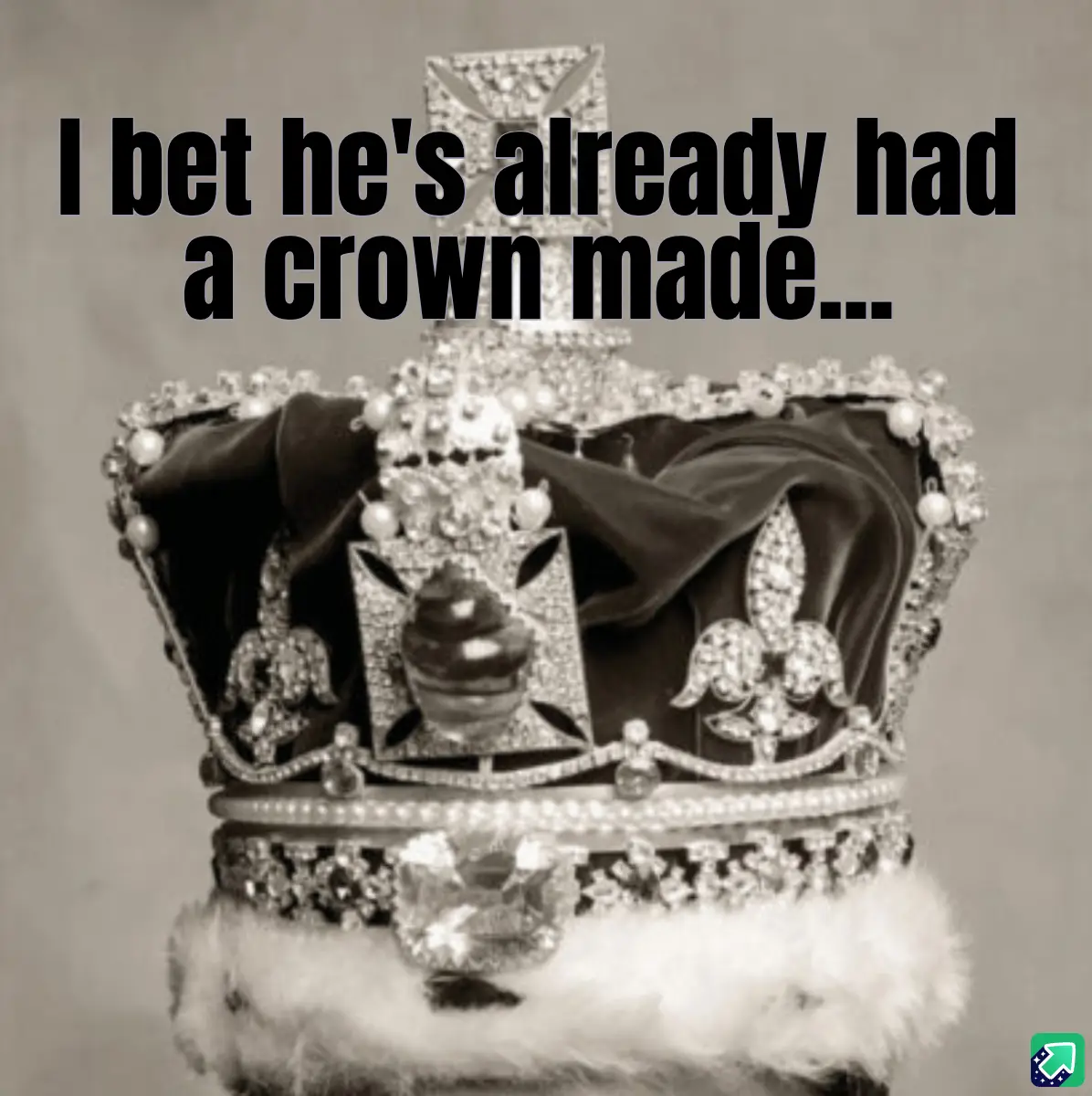 A black-and-white photograph of an ornate, jeweled royal crown with a large central jewel, velvet ribbons, and a white fur…