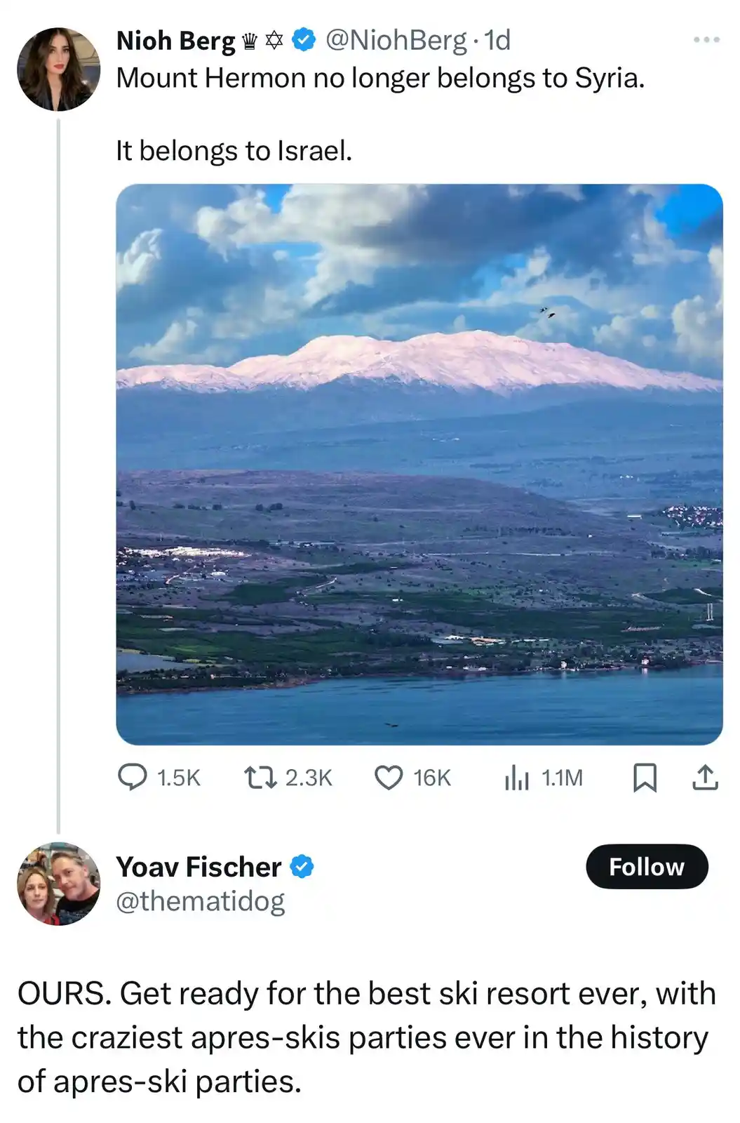 A screenshot of a Twitter thread shows a tweet from Nioh Berg stating 'Mount Hermon no longer belongs to Syria. It belongs…