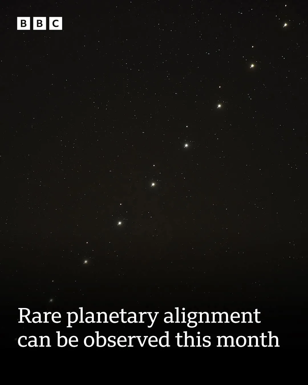 A BBC-branded image of a starry night sky with a diagonal line of bright celestial objects, overlaid with the text 'Rare…