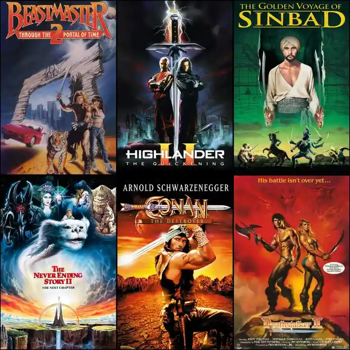 A collage of six 1980s action/adventure movie posters including Beastmaster, Highlander II, The Golden Voyage of Sinbad, The…