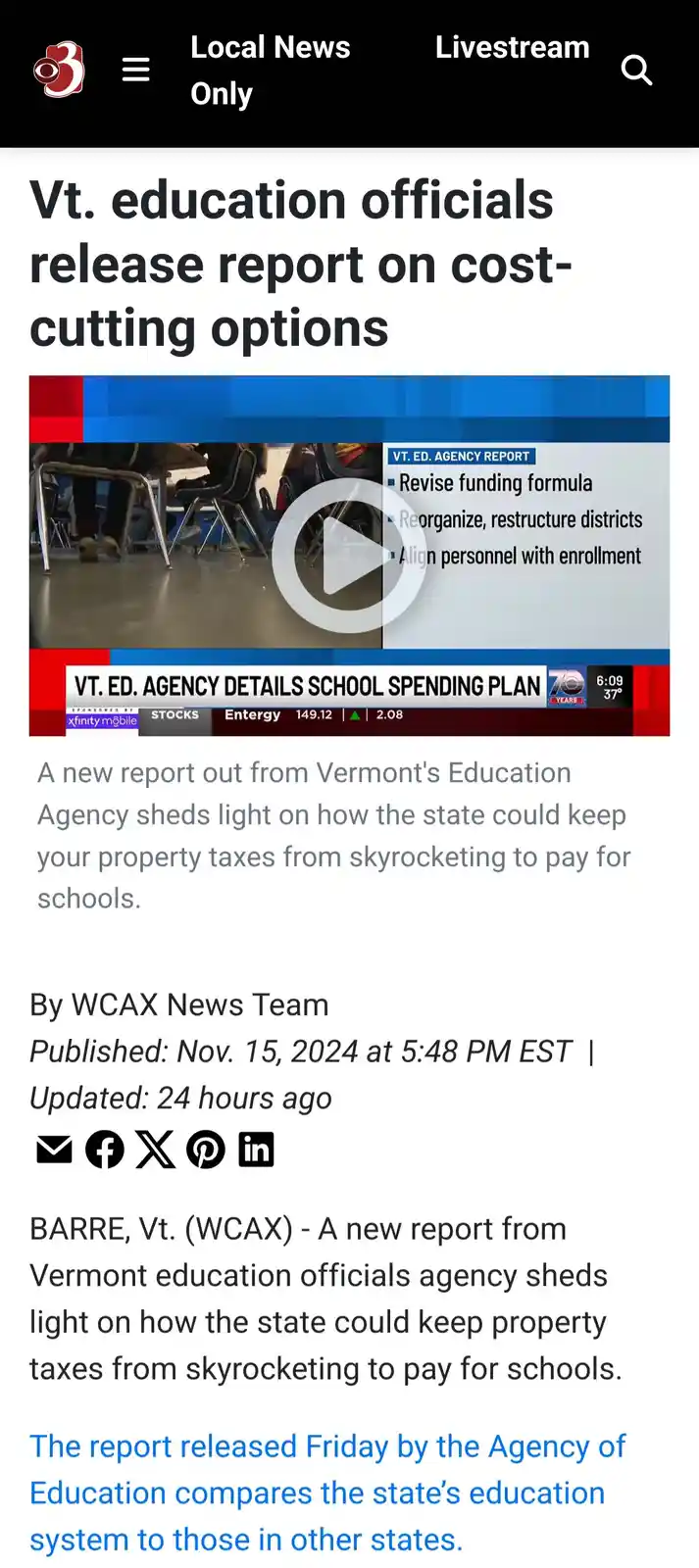 A screenshot of a WCAX news article about Vermont education officials releasing a report on cost-cutting options for…
