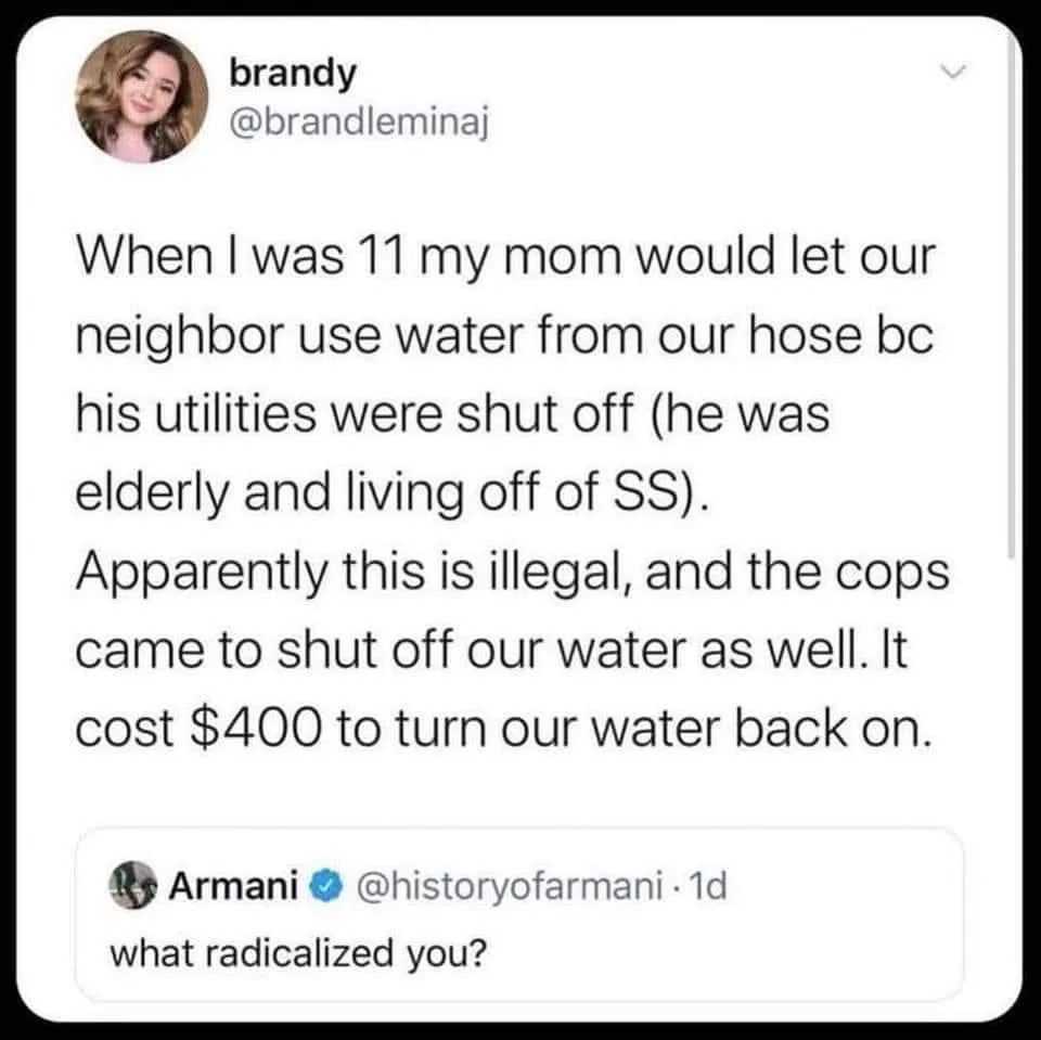 A screenshot of a tweet by Brandy (@brandleminaj) recounting how her mom let a neighbor use their hose water when his…