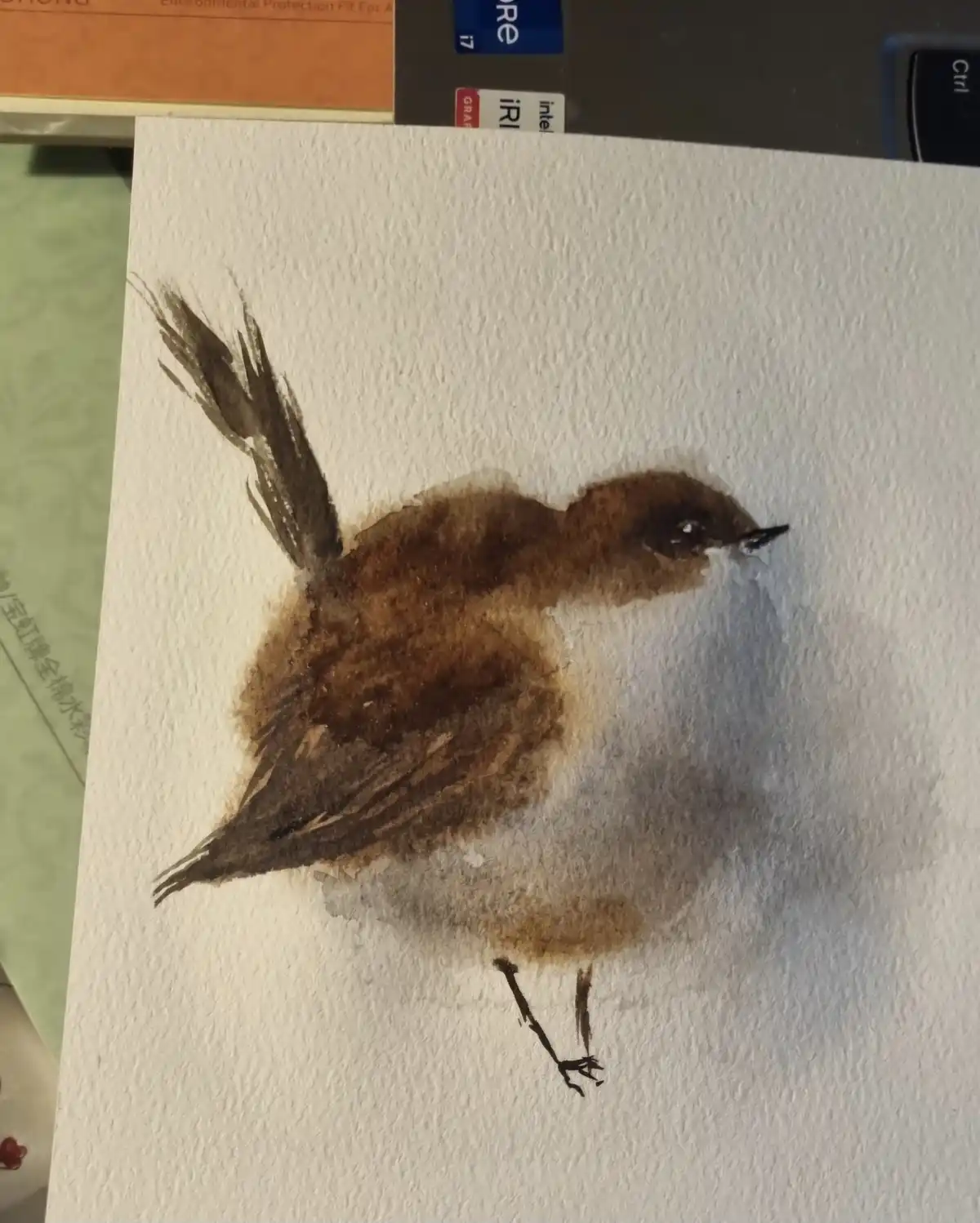 A watercolor painting of a small brown bird on textured white paper, with a blurry, smudged appearance suggesting it's been…