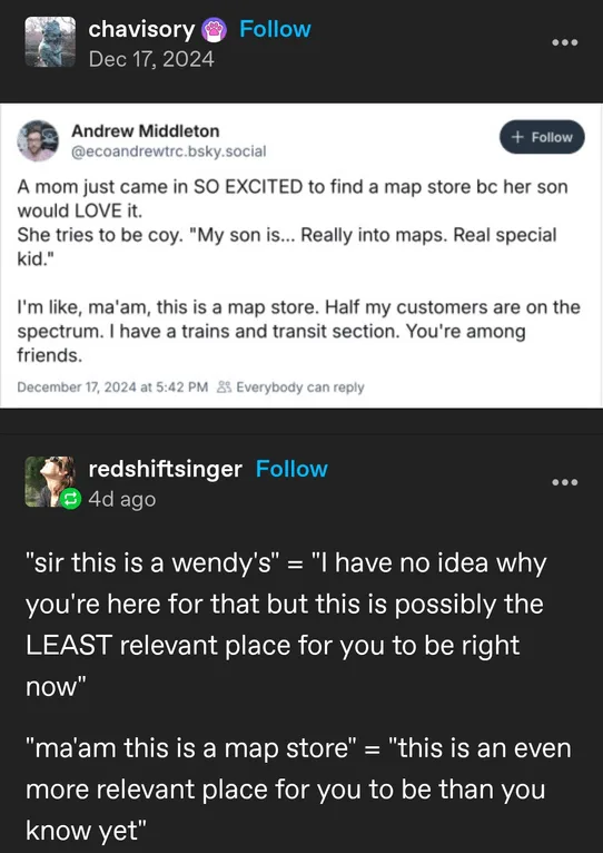 A screenshot of a social media thread where a user recounts a mom excitedly visiting a map store because her son loves maps…
