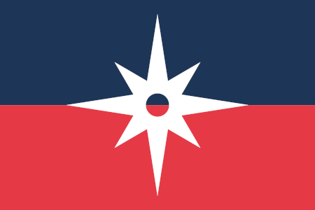 a flag with a blue top half and red bottom half, divided horizontally, featuring a large white eight-pointed star with a…