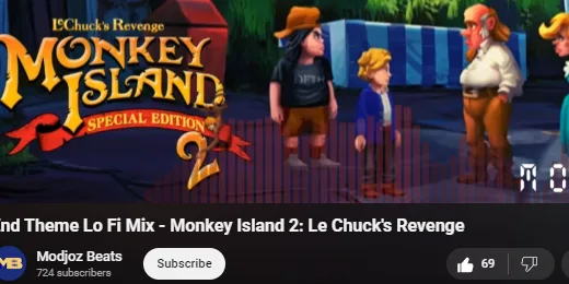 A screenshot from the video game 'Monkey Island 2: Le Chuck's Revenge' shows four cartoon characters standing in a scene…