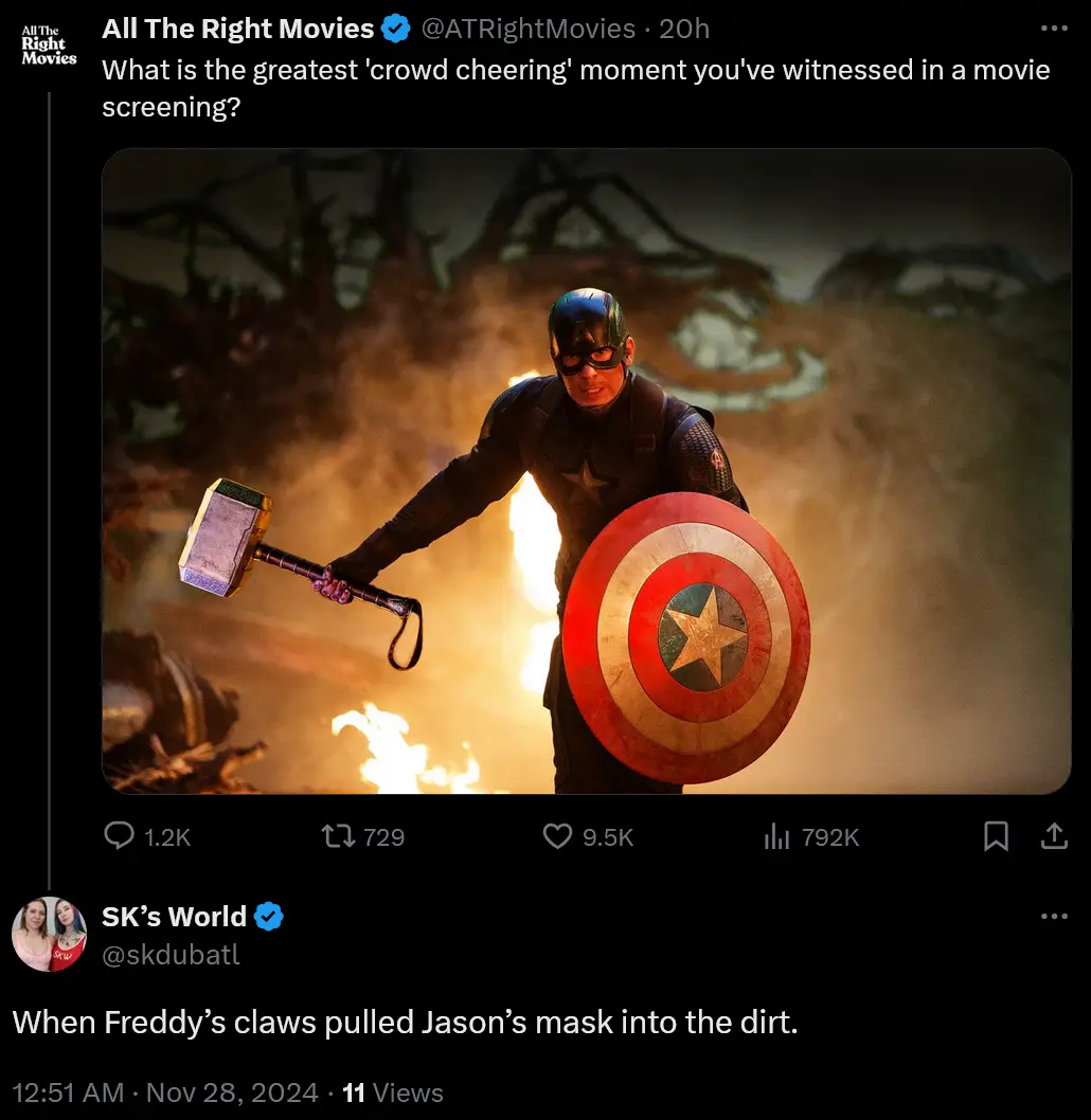 A screenshot of a Twitter thread shows a tweet from 'All The Right Movies' asking for the greatest 'crowd cheering' moment…