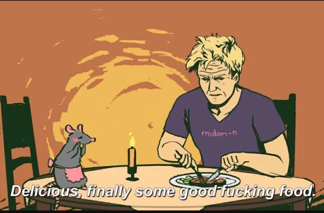 A cartoon illustration shows a man with spiky blonde hair and a purple t-shirt sitting at a dining table, cutting into a…