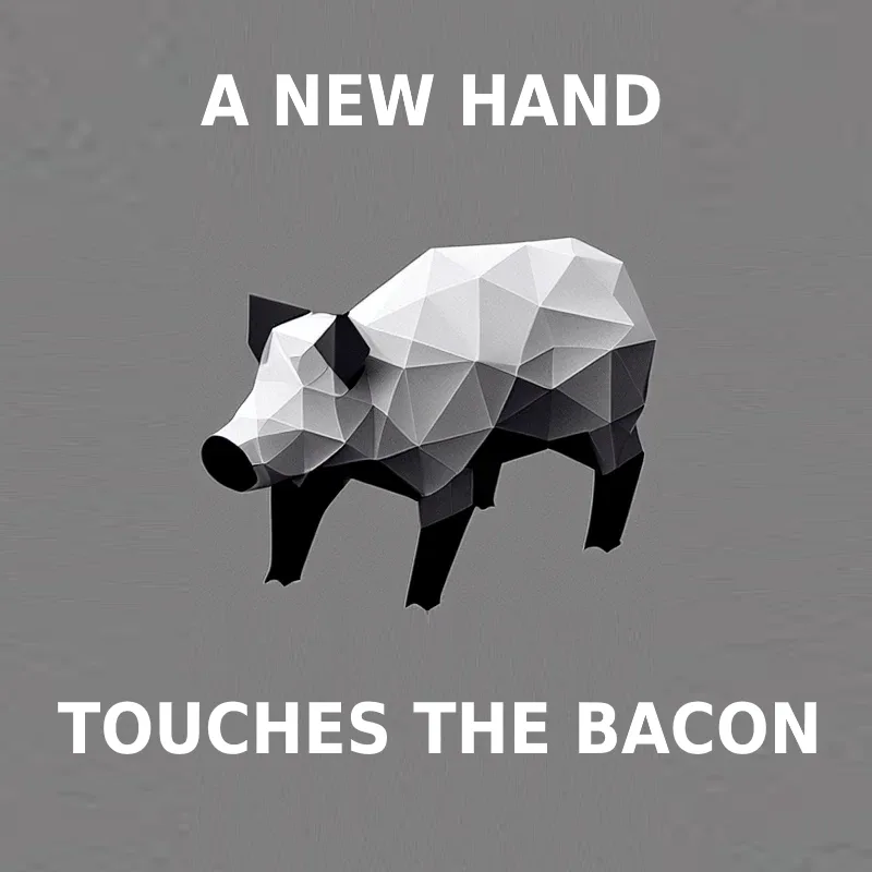 A stylized, low-poly 3D model of a pig rendered in black and white stands against a gray background. White uppercase text at…