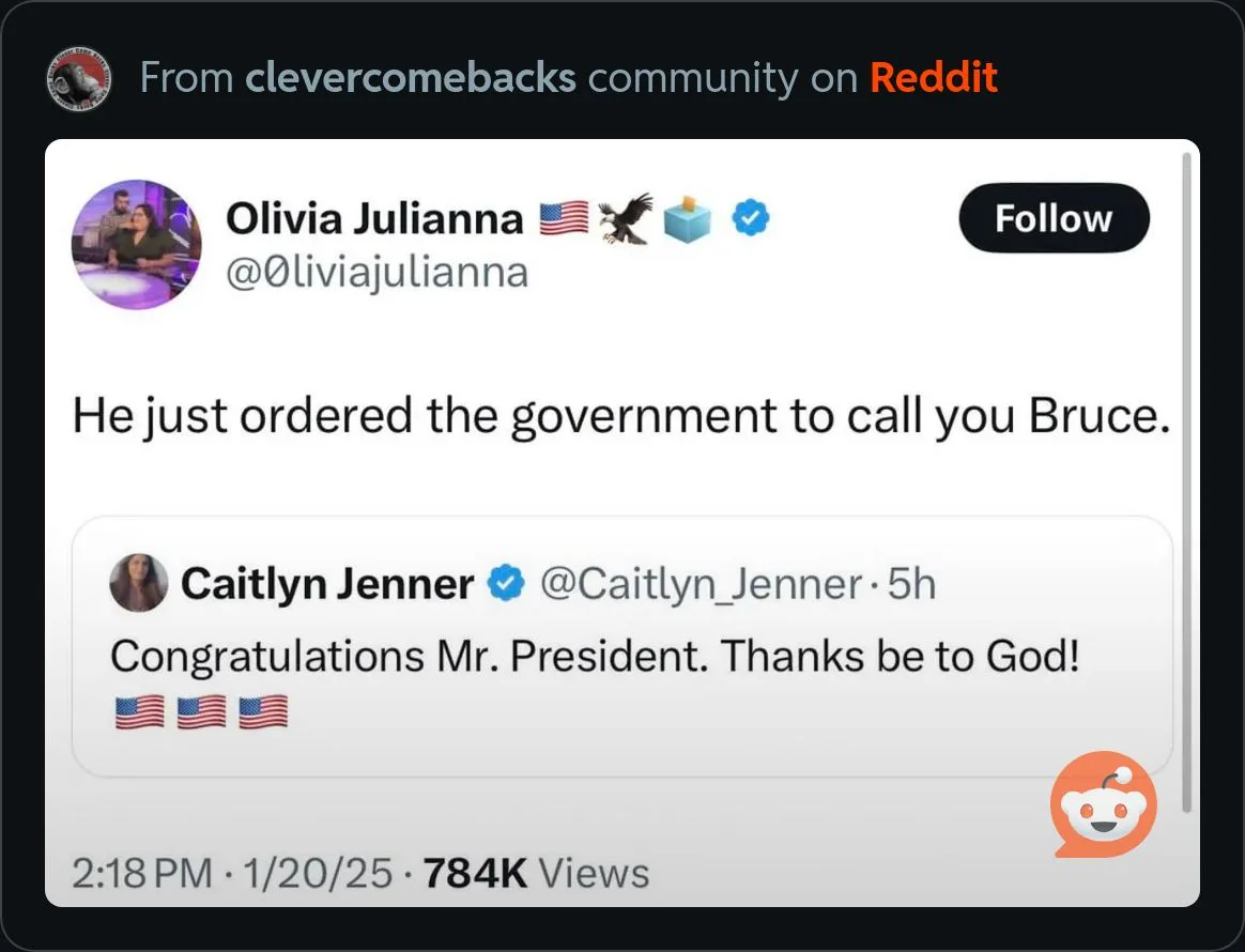 A screenshot of a Twitter thread shows Olivia Julianna posting, 'He just ordered the government to call you Bruce.' Below…