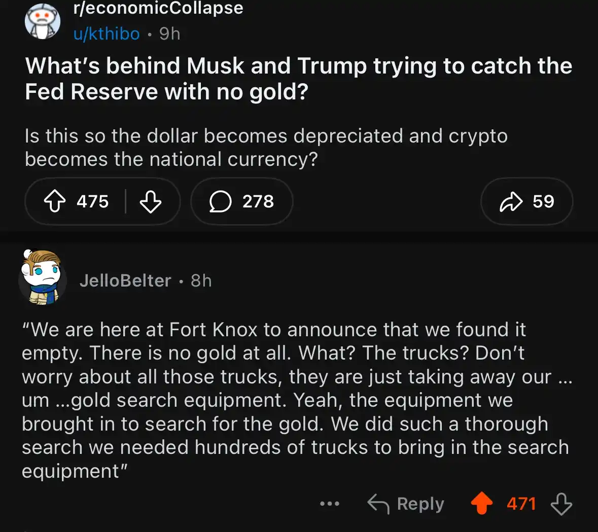 A Reddit post from r/economicCollapse shows a user asking about Musk and Trump trying to catch the Fed Reserve with no gold…