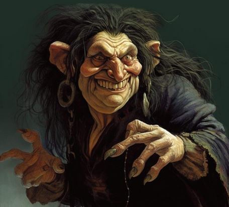 A grotesque, grinning witch with long dark hair, pointed ears, and large hoop earrings, wearing a dark robe and extending…