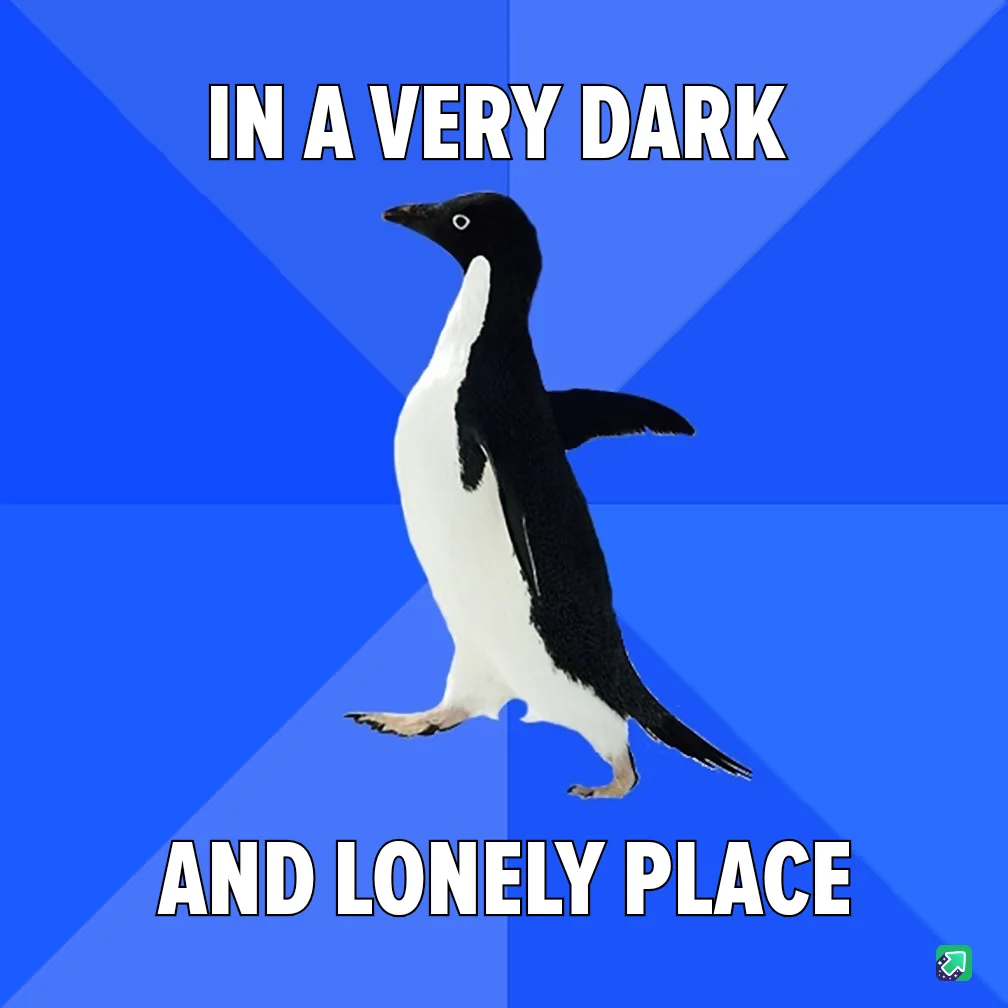 A black-and-white penguin stands centered against a blue background with diagonal light rays. The text "IN A VERY DARK"…