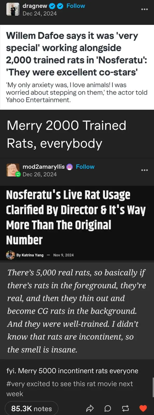 The image is a screenshot of a social media post showing three stacked articles about the 2024 movie 'Nosferatu'. The top…