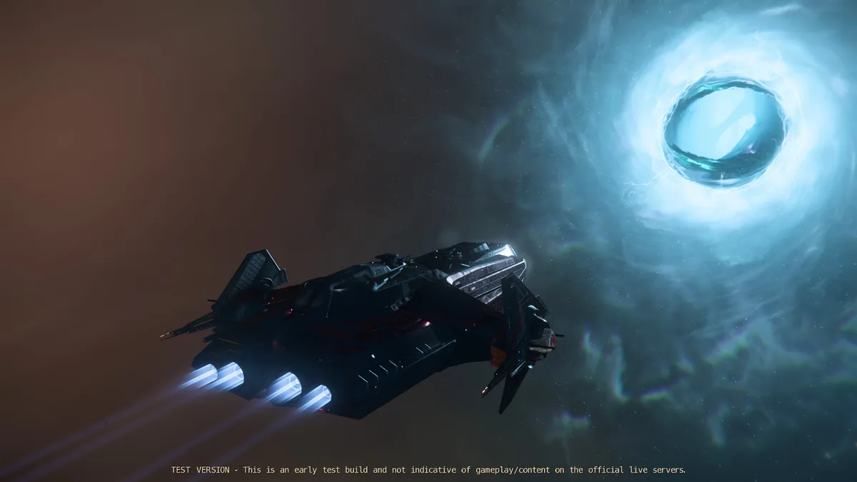 A dark, angular spaceship with glowing blue thrusters is flying toward a bright, swirling blue wormhole in space. The image…