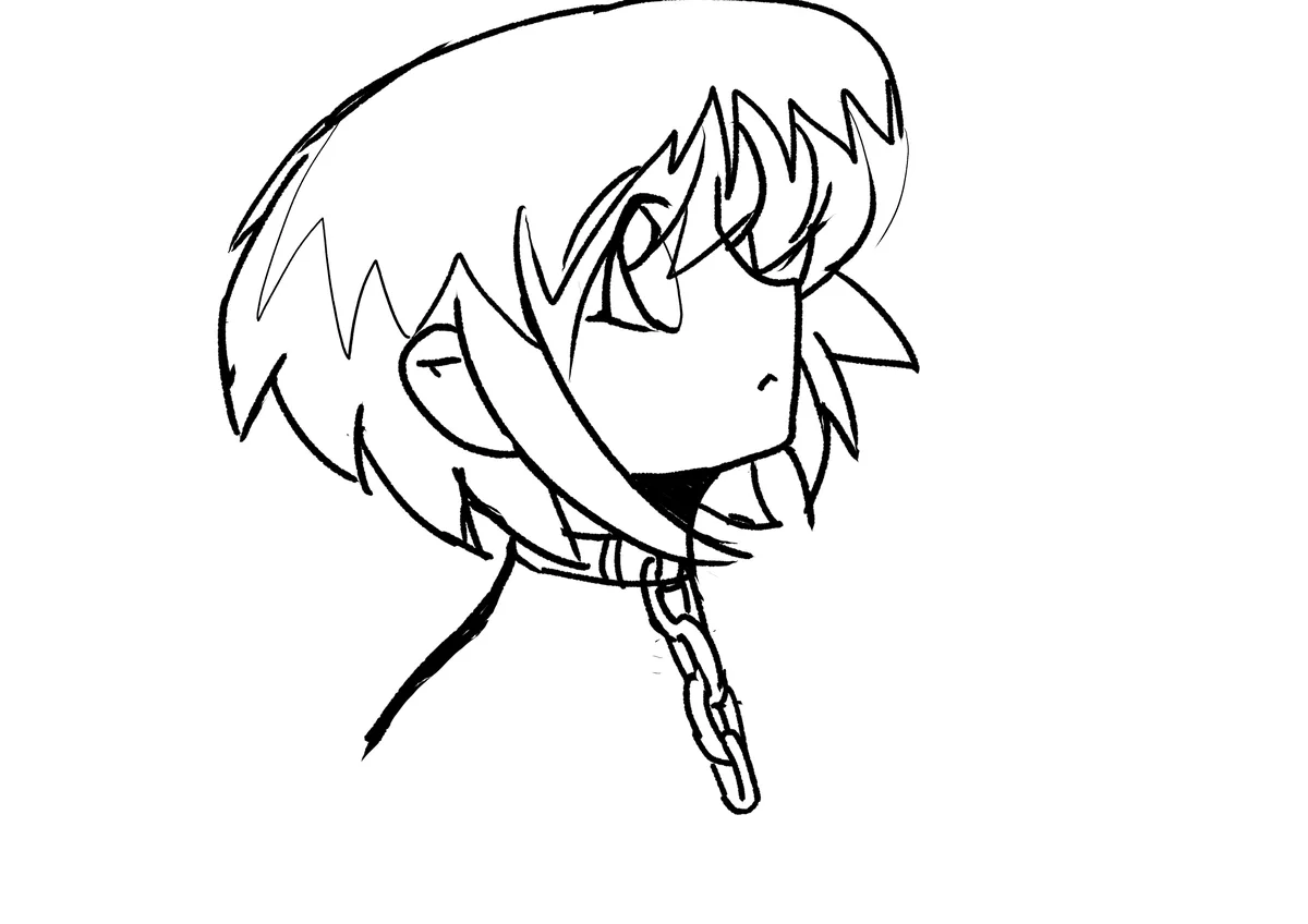 A simple black-and-white line drawing shows an anime-style character with spiky hair, looking slightly downward with a…
