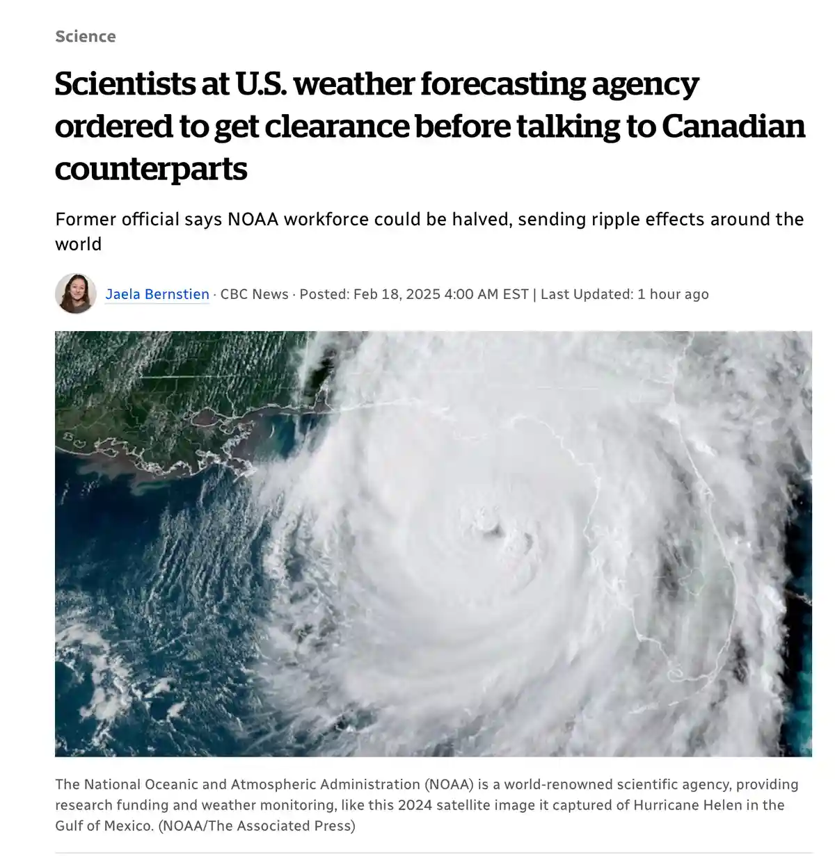 A screenshot of a CBC News article with a satellite image of a hurricane over the Gulf of Mexico. The headline reads…