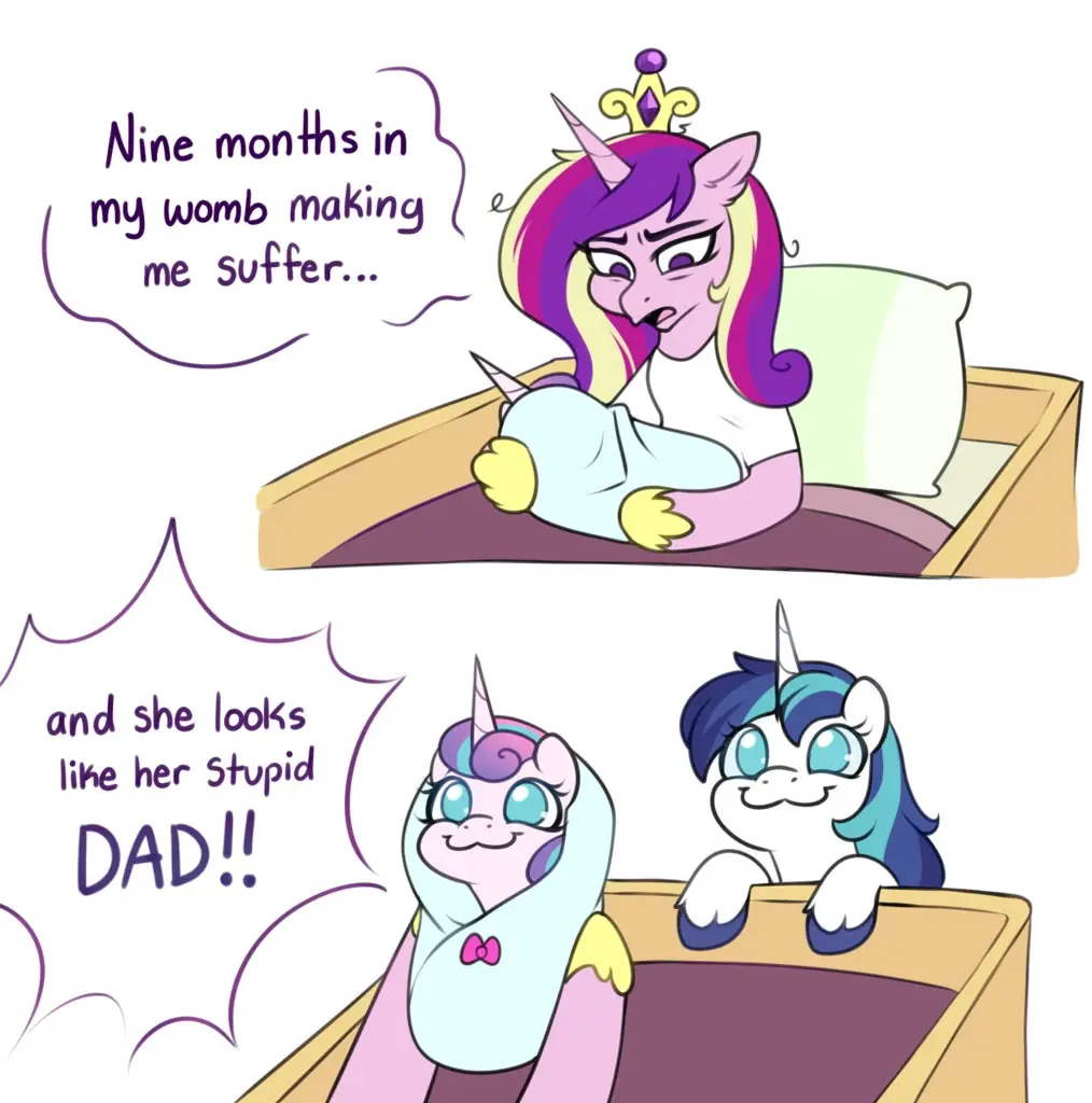 A two-panel comic featuring a purple-haired unicorn queen in bed holding a baby, complaining about nine months of suffering…