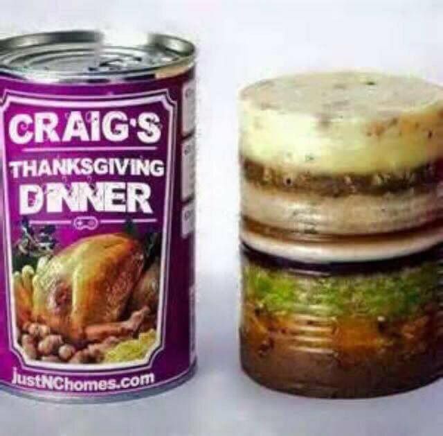 A canned food product labeled 'CRAIG'S THANKSGIVING DINNER' with an image of a roasted turkey and beans, sits next to a…