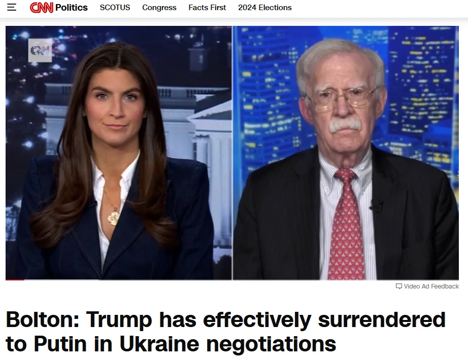 A split-screen CNN Politics broadcast shows a female anchor on the left and former U.S. diplomat John Bolton on the right…