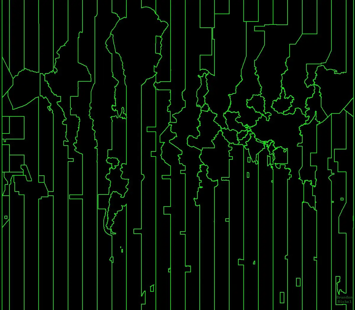 A black-and-green digital image shows a distorted, vertically striped map of Europe with irregular country outlines. The…