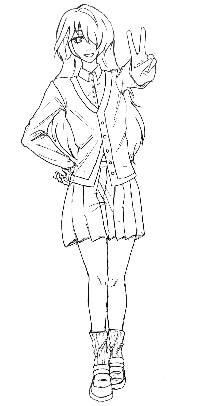 A black-and-white line drawing of an anime-style girl in a school uniform, smiling and holding up a peace sign with her…