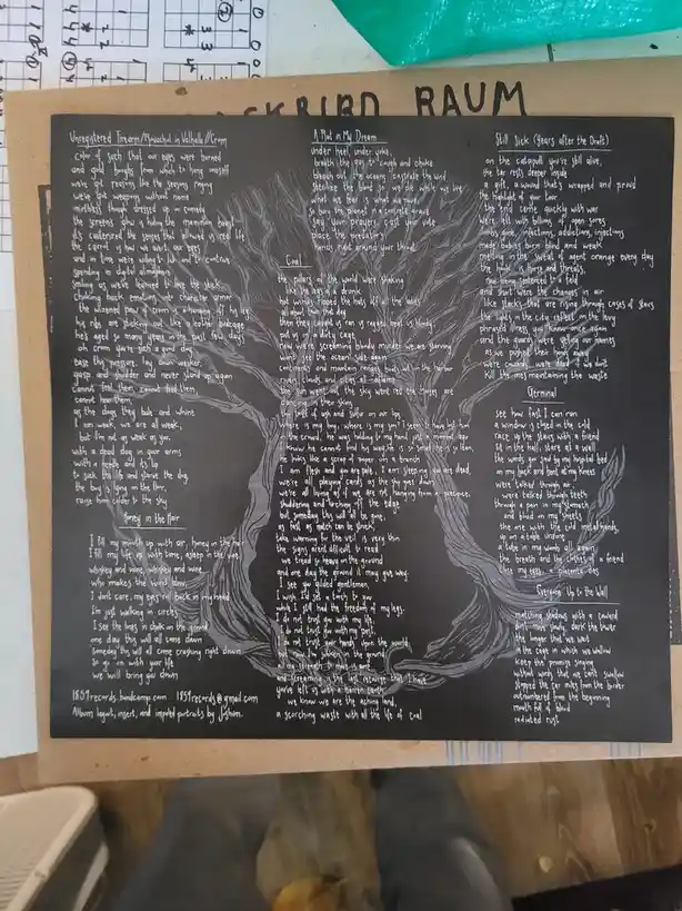 A blackboard with handwritten lyrics for the album 'Backbird Raum' by the band 1859 Records, featuring poems like…