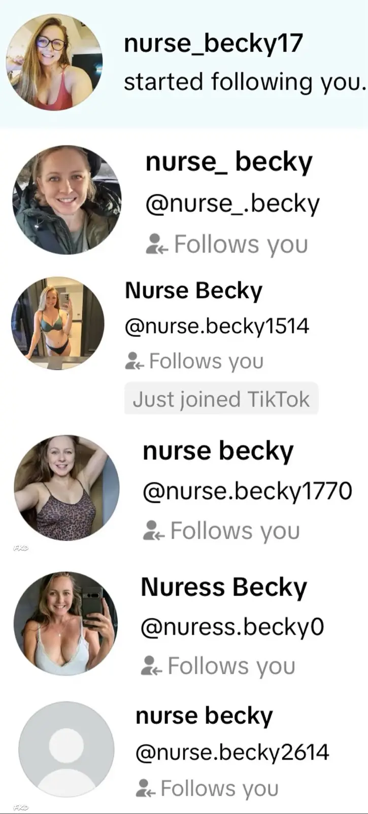A screenshot of a social media notification showing multiple accounts with similar names like 'nurse_becky' and 'Nurse…
