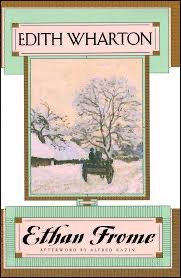 The image displays the cover of Edith Wharton's novel 'Ethan Frome,' featuring a winter scene with a snow-covered landscape…