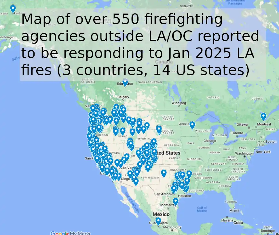 A Google My Maps image displays a map of North America with numerous blue location pins clustered around California and…